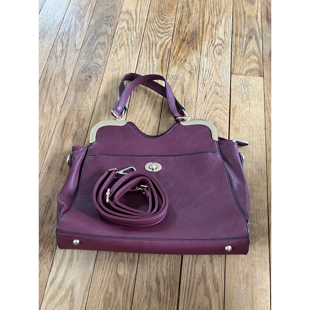 Burgundy Wine Faux Leather Satchel Handbag Gold Hardware Floral Lining Crossbody